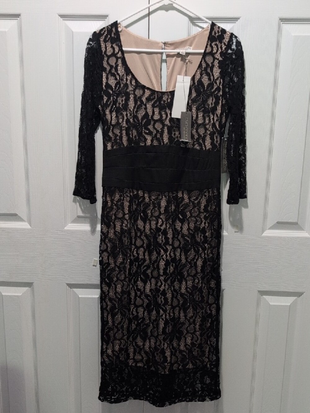 New York & Co- Eva Mendes - Black Lace Overlay Sheath Dress with Nude Lining
